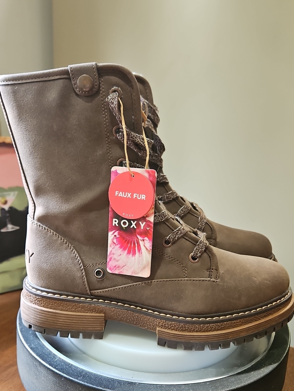 Roxy Brown Faux Fur Lace-Up Lug Boots